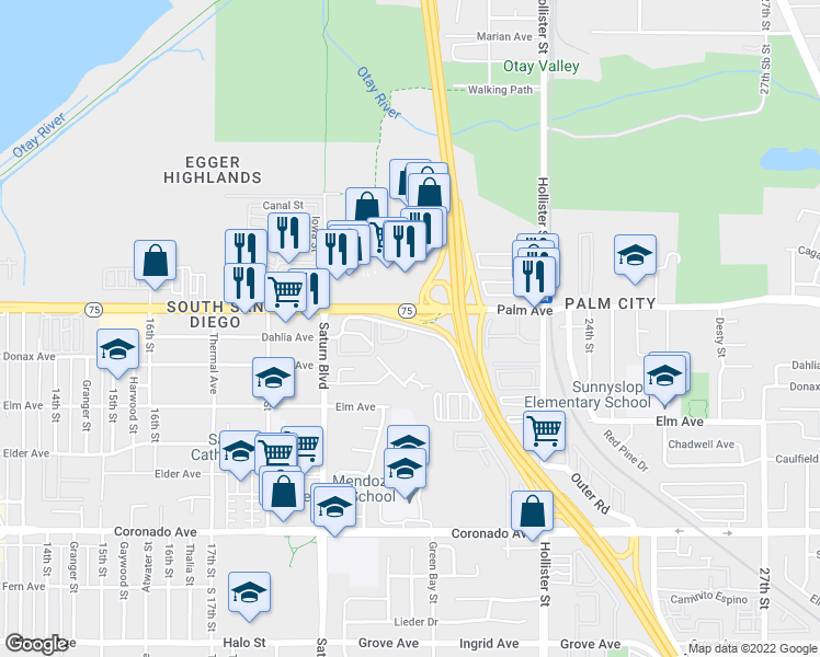 map of restaurants, bars, coffee shops, grocery stores, and more near Avenida Del Mexico in San Diego