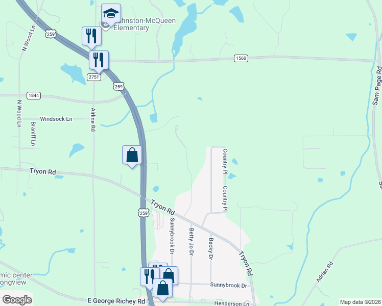 map of restaurants, bars, coffee shops, grocery stores, and more near 354 Summerfield Drive in Longview