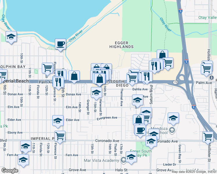 map of restaurants, bars, coffee shops, grocery stores, and more near 1612 Dahlia Avenue in San Diego