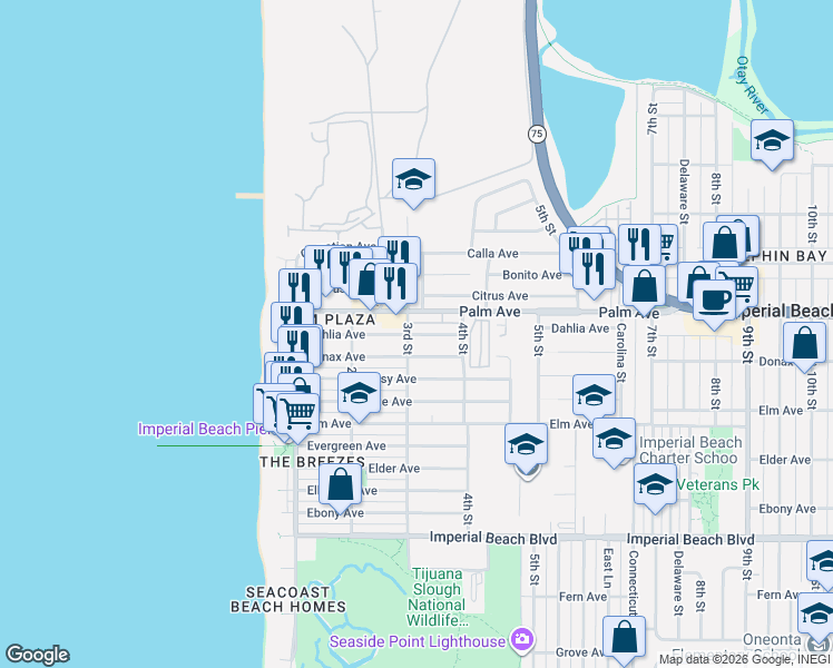 map of restaurants, bars, coffee shops, grocery stores, and more near 287 Dahlia Avenue in Imperial Beach