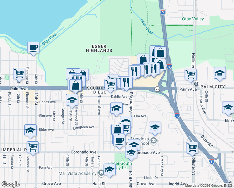 map of restaurants, bars, coffee shops, grocery stores, and more near 1814 Dahlia Avenue in San Diego