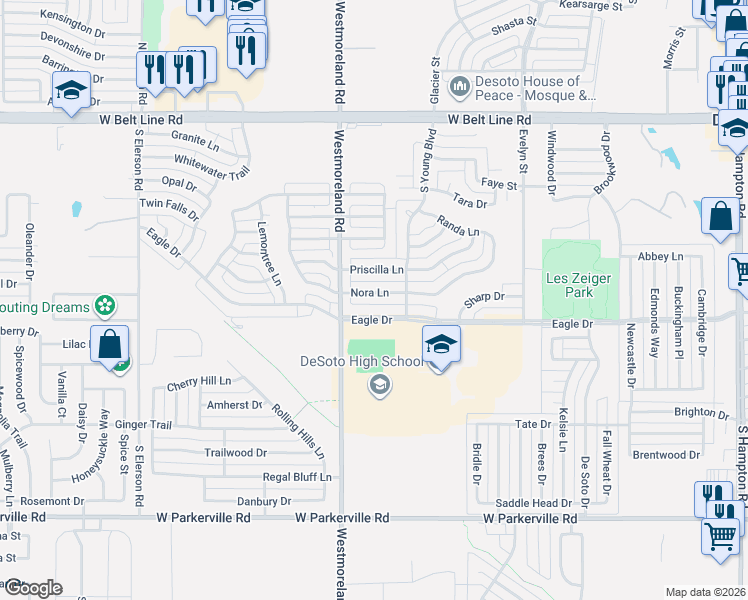 map of restaurants, bars, coffee shops, grocery stores, and more near 725 Eagle Drive in DeSoto
