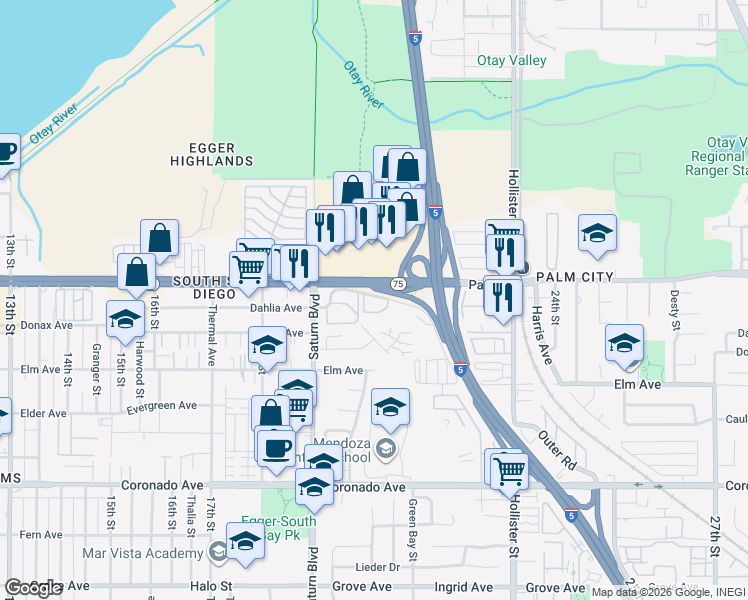 map of restaurants, bars, coffee shops, grocery stores, and more near 2025 Avenida Del Mexico in San Diego