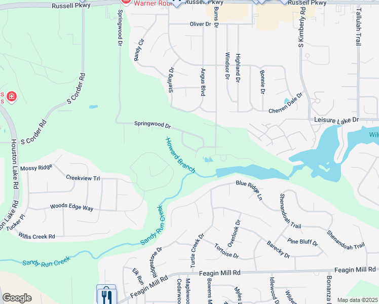 map of restaurants, bars, coffee shops, grocery stores, and more near 213 Sunnybrook Lane in Warner Robins