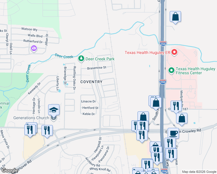 map of restaurants, bars, coffee shops, grocery stores, and more near 420 Prescott Lane in Crowley