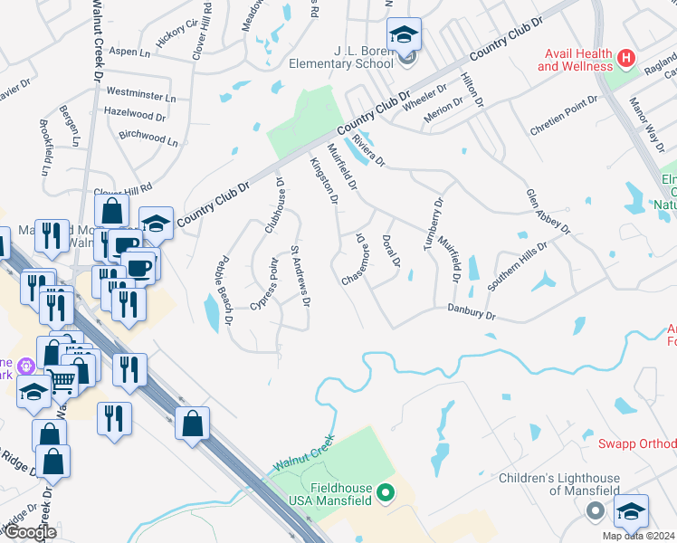 map of restaurants, bars, coffee shops, grocery stores, and more near 910 Kingston Drive in Mansfield