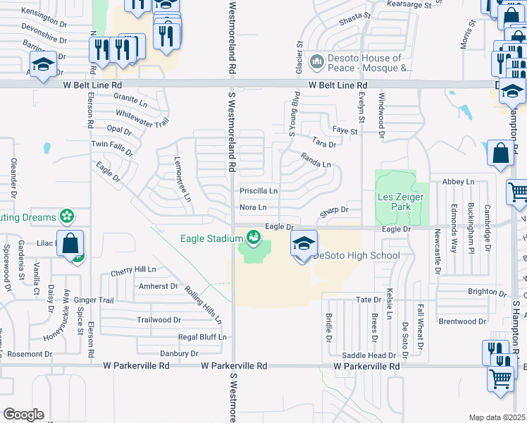 map of restaurants, bars, coffee shops, grocery stores, and more near 712 Nora Lane in DeSoto