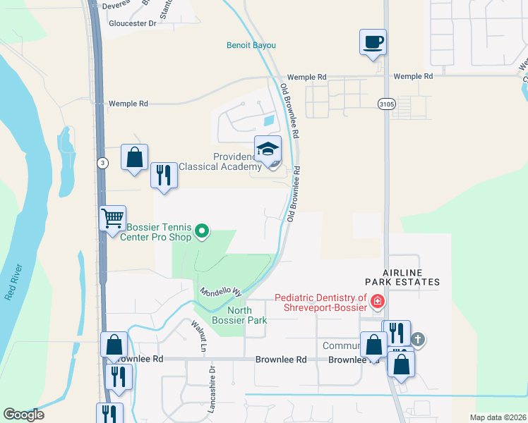 map of restaurants, bars, coffee shops, grocery stores, and more near 175 Bayou Crossing Drive in Bossier City