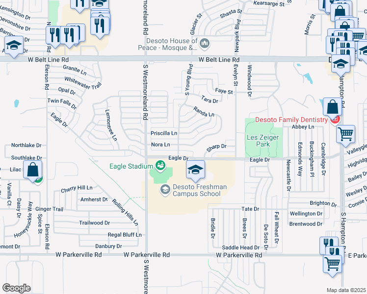 map of restaurants, bars, coffee shops, grocery stores, and more near 656 Nora Lane in DeSoto