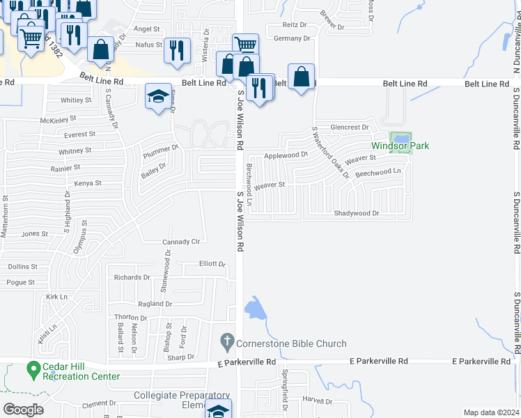 map of restaurants, bars, coffee shops, grocery stores, and more near 321 Rosewood Lane in Cedar Hill