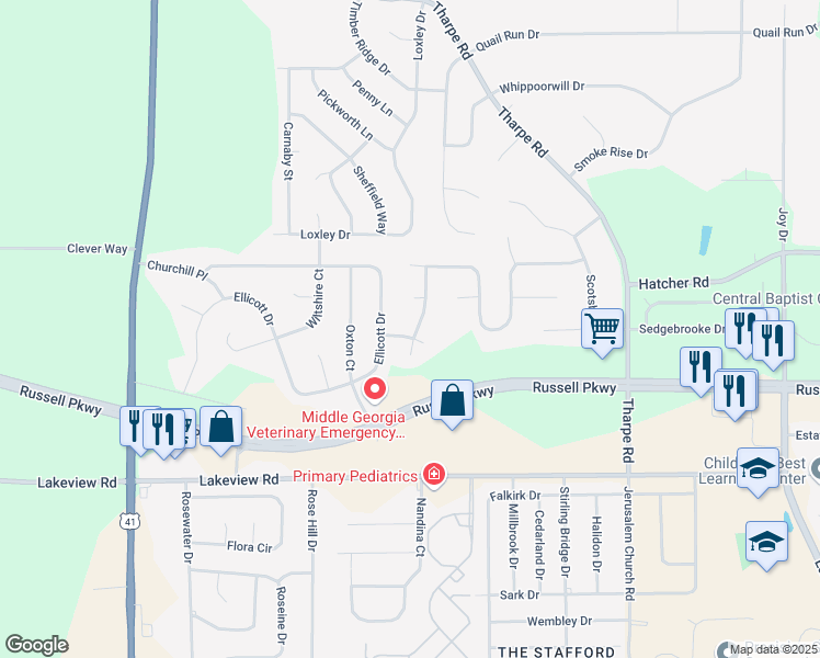 map of restaurants, bars, coffee shops, grocery stores, and more near 108 Chamberlain Drive in Warner Robins