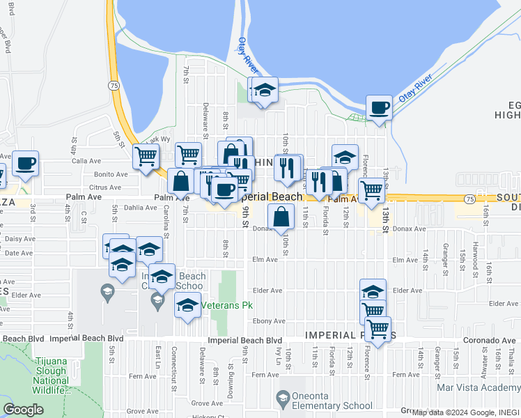 map of restaurants, bars, coffee shops, grocery stores, and more near in Imperial Beach
