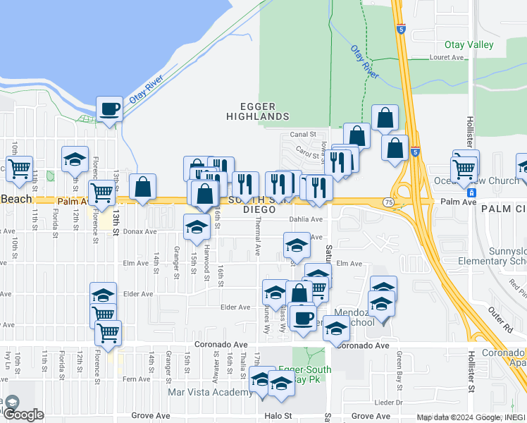 map of restaurants, bars, coffee shops, grocery stores, and more near 723 Thermal Avenue in San Diego