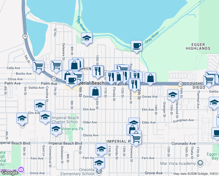 map of restaurants, bars, coffee shops, grocery stores, and more near 1115 Palm Avenue in Imperial Beach