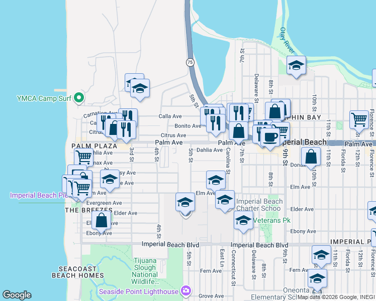 map of restaurants, bars, coffee shops, grocery stores, and more near 455 Palm Avenue in Imperial Beach