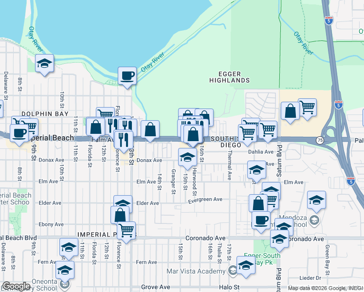 map of restaurants, bars, coffee shops, grocery stores, and more near 1515 Palm Avenue in San Diego