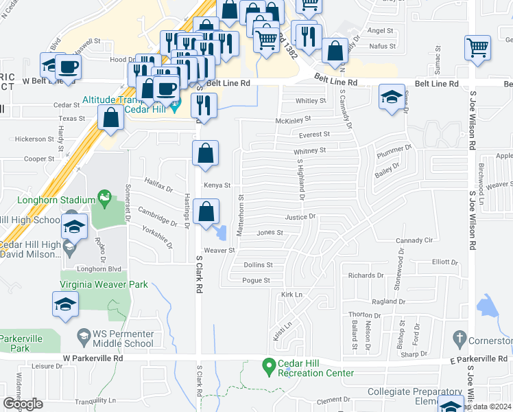 map of restaurants, bars, coffee shops, grocery stores, and more near 413 Vincent Street in Cedar Hill