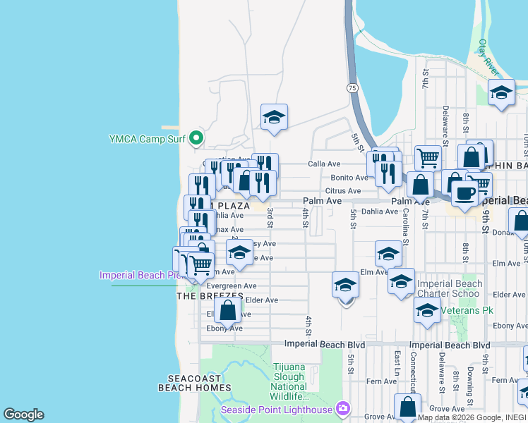 map of restaurants, bars, coffee shops, grocery stores, and more near 287 Dahlia Avenue in Imperial Beach