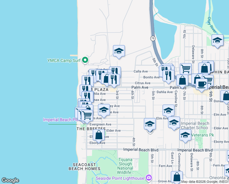 map of restaurants, bars, coffee shops, grocery stores, and more near 287 Dahlia Avenue in Imperial Beach