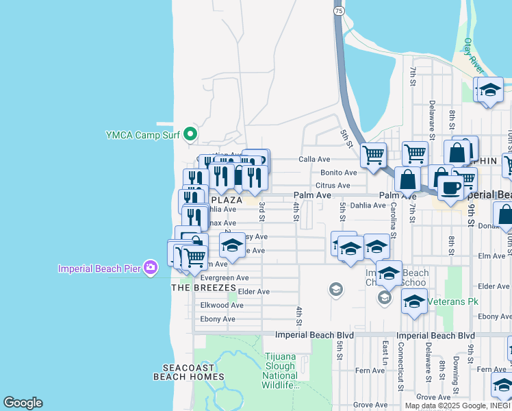 map of restaurants, bars, coffee shops, grocery stores, and more near 270 Dahlia Avenue in Imperial Beach
