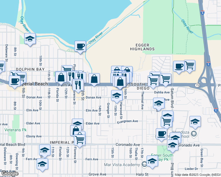 map of restaurants, bars, coffee shops, grocery stores, and more near 1381 Palm Avenue in San Diego