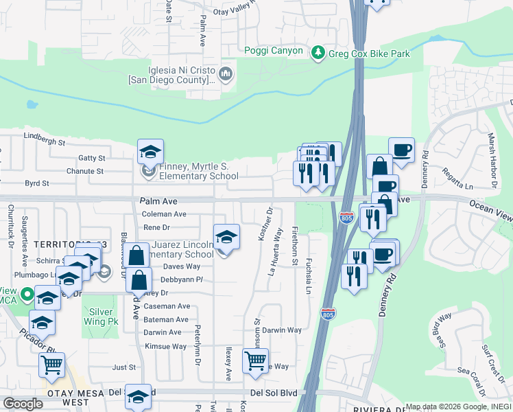 map of restaurants, bars, coffee shops, grocery stores, and more near 755 Kedzie Avenue in San Diego
