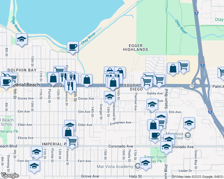 map of restaurants, bars, coffee shops, grocery stores, and more near 1541 Palm Avenue in San Diego