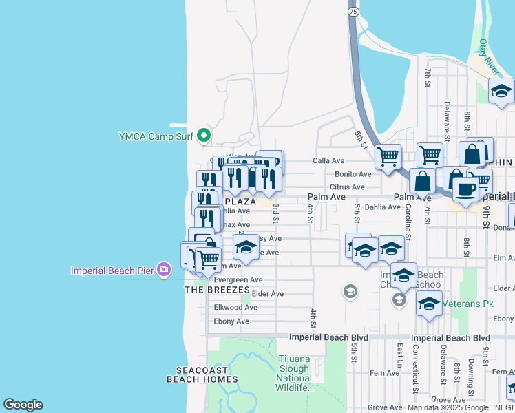 map of restaurants, bars, coffee shops, grocery stores, and more near 231 Dahlia Avenue in Imperial Beach