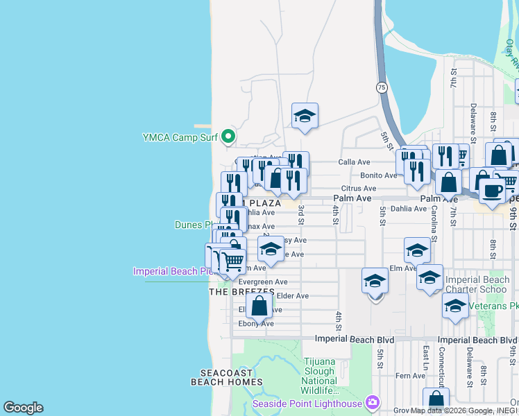 map of restaurants, bars, coffee shops, grocery stores, and more near 155 Dahlia Avenue in Imperial Beach