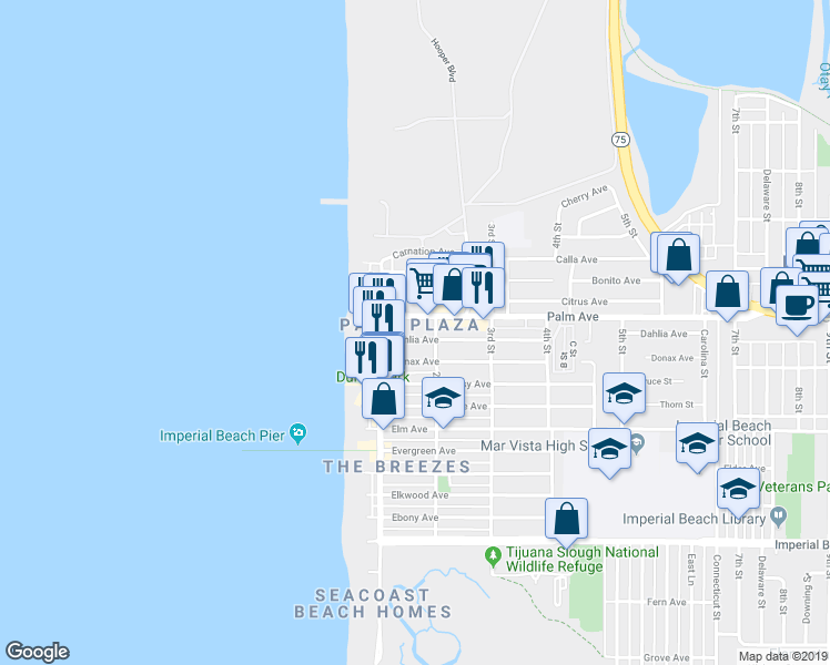 map of restaurants, bars, coffee shops, grocery stores, and more near 161 Dahlia Avenue in Imperial Beach