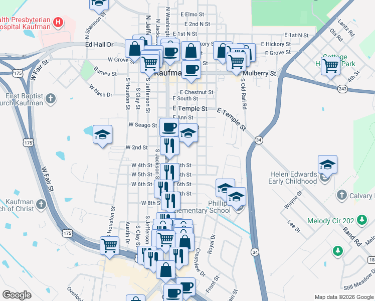 map of restaurants, bars, coffee shops, grocery stores, and more near 905 S Madison St in Kaufman