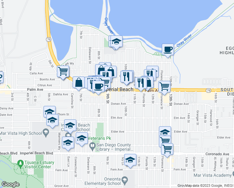 map of restaurants, bars, coffee shops, grocery stores, and more near 722 Emory Street in Imperial Beach