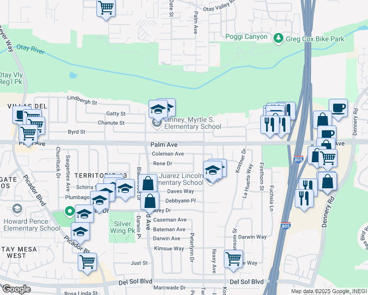 map of restaurants, bars, coffee shops, grocery stores, and more near 4027 Palm Avenue in San Diego