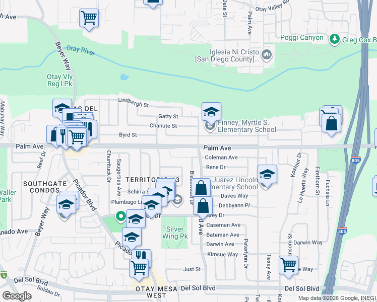 map of restaurants, bars, coffee shops, grocery stores, and more near 3862 Coleman Avenue in San Diego