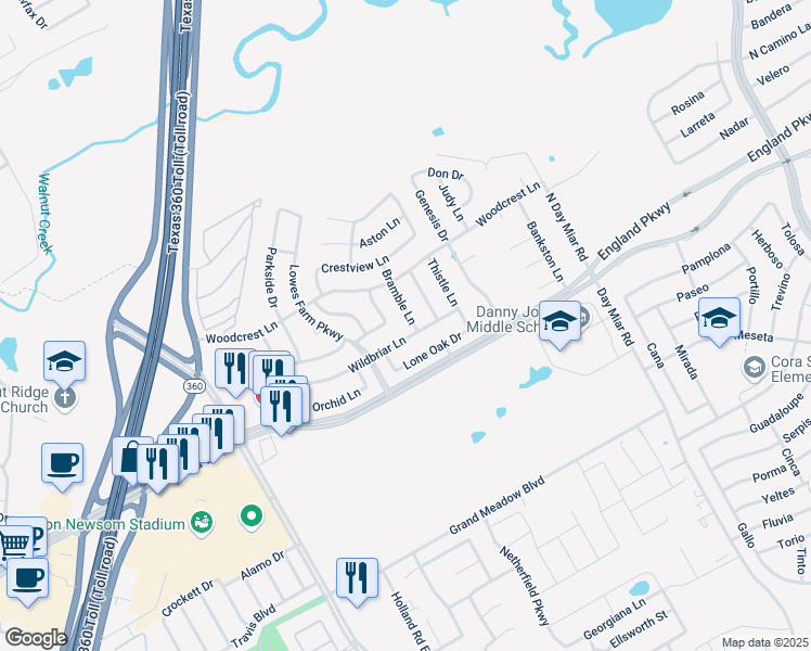 map of restaurants, bars, coffee shops, grocery stores, and more near 1303 Bramble Lane in Mansfield