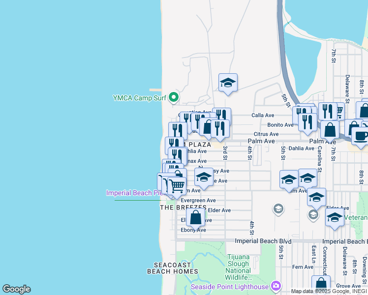 map of restaurants, bars, coffee shops, grocery stores, and more near 128 Dahlia Avenue in Imperial Beach