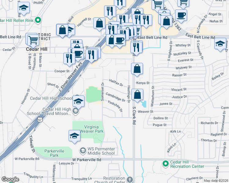 map of restaurants, bars, coffee shops, grocery stores, and more near 121 Cambridge Drive in Cedar Hill