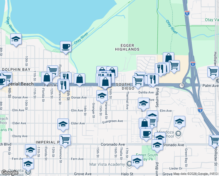 map of restaurants, bars, coffee shops, grocery stores, and more near 1612 Dahlia Avenue in San Diego