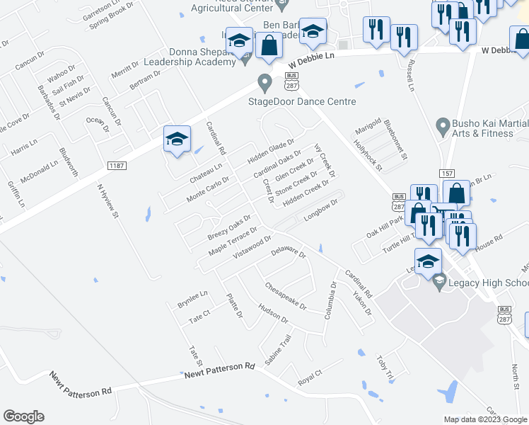 map of restaurants, bars, coffee shops, grocery stores, and more near 133 Thousand Oaks Drive in Mansfield