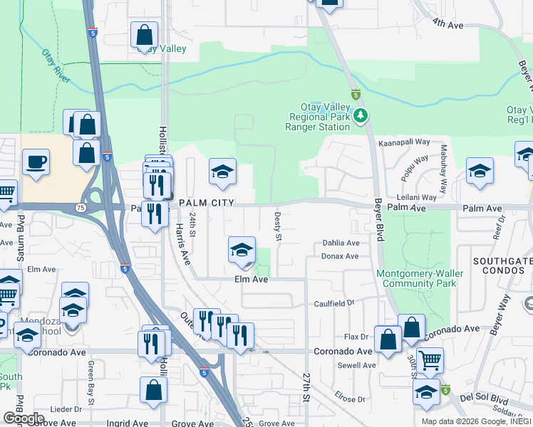 map of restaurants, bars, coffee shops, grocery stores, and more near 2587 Palm Avenue in San Diego