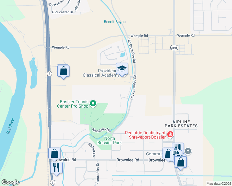 map of restaurants, bars, coffee shops, grocery stores, and more near 175 Bayou Crossing Drive in Bossier City