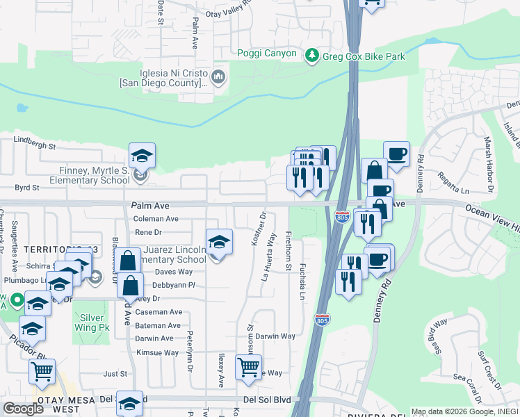 map of restaurants, bars, coffee shops, grocery stores, and more near 750 Kostner Drive in San Diego
