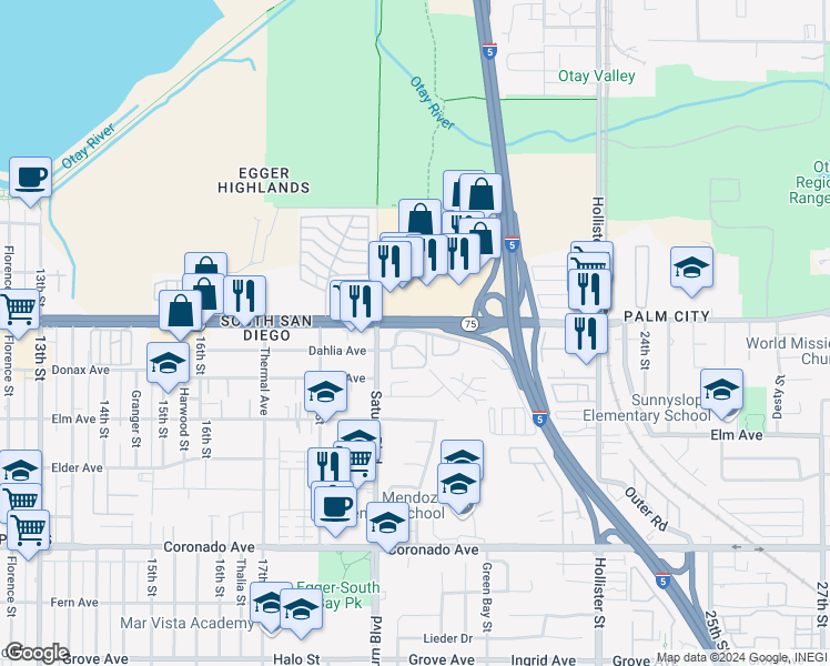 map of restaurants, bars, coffee shops, grocery stores, and more near 1979 Avenida Del Mexico in San Diego
