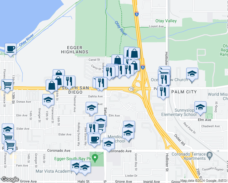 map of restaurants, bars, coffee shops, grocery stores, and more near 1979 Avenida Del Mexico in San Diego