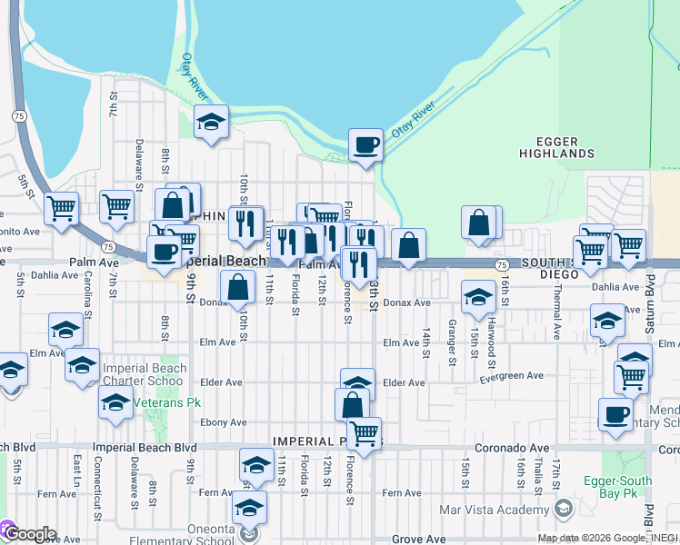 map of restaurants, bars, coffee shops, grocery stores, and more near 753 12th Street in Imperial Beach