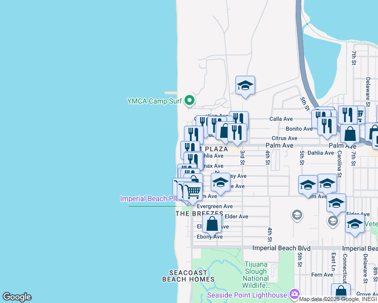 map of restaurants, bars, coffee shops, grocery stores, and more near 710 Seacoast Drive in Imperial Beach