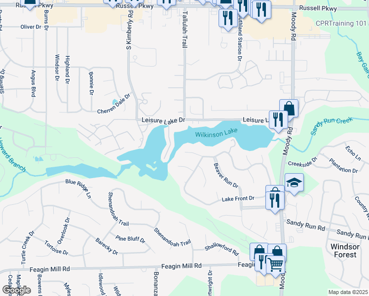 map of restaurants, bars, coffee shops, grocery stores, and more near 107 Lakewood Drive in Warner Robins