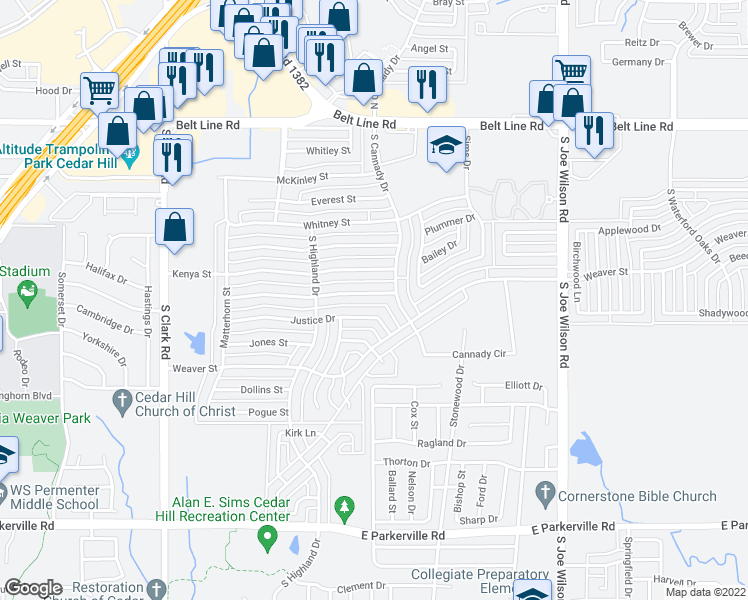 map of restaurants, bars, coffee shops, grocery stores, and more near 505 Vincent Street in Cedar Hill