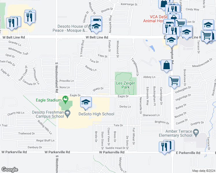 map of restaurants, bars, coffee shops, grocery stores, and more near 501 Sharp Drive in DeSoto