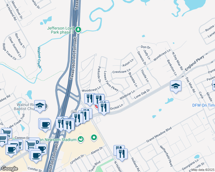 map of restaurants, bars, coffee shops, grocery stores, and more near 1318 Lowes Farm Parkway in Mansfield